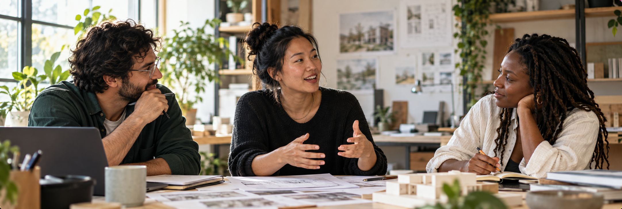 Three collaborators discussing plans together in a creative studio.