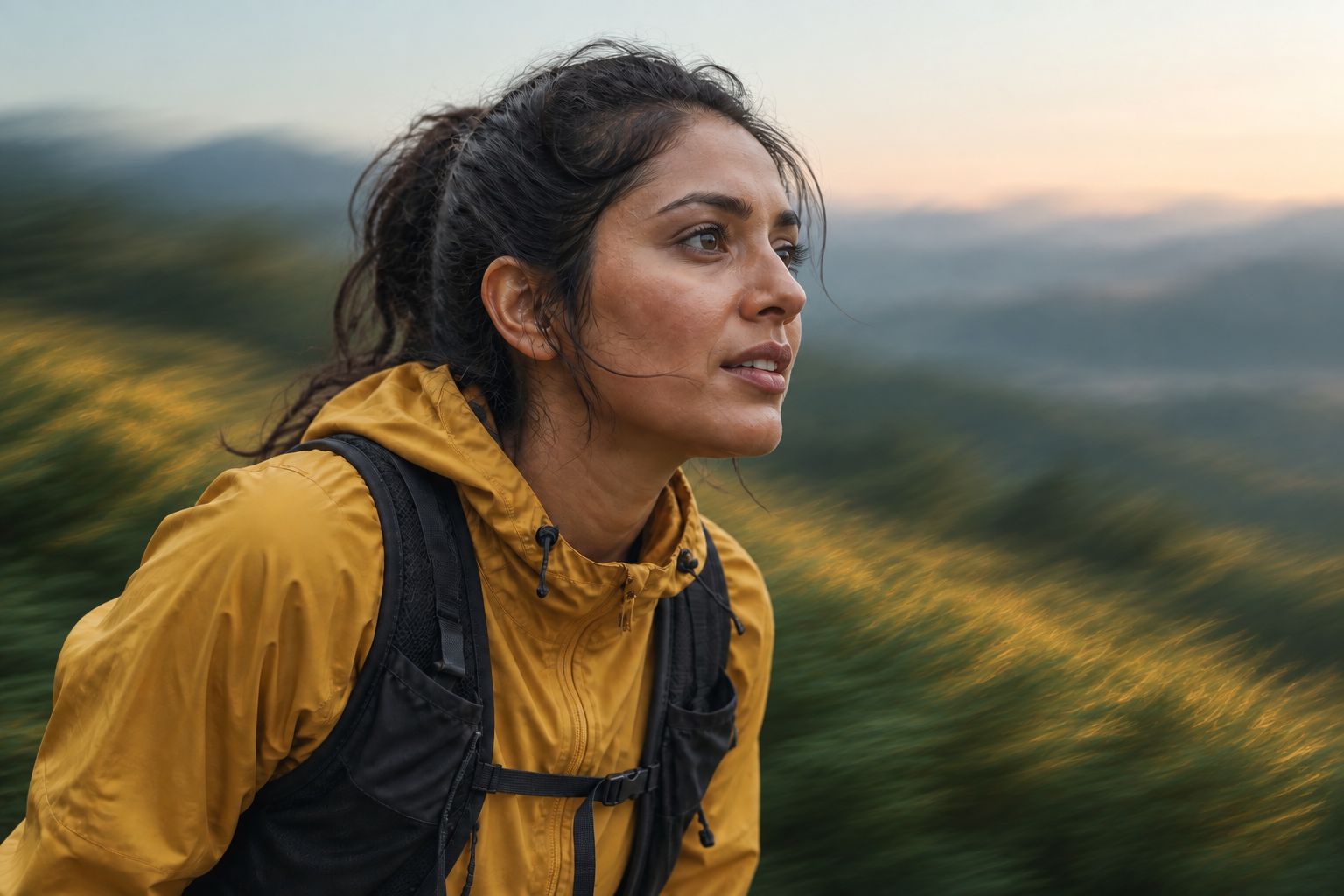 Editorial concept of a trail runner outdoors among green hills and grasses.
