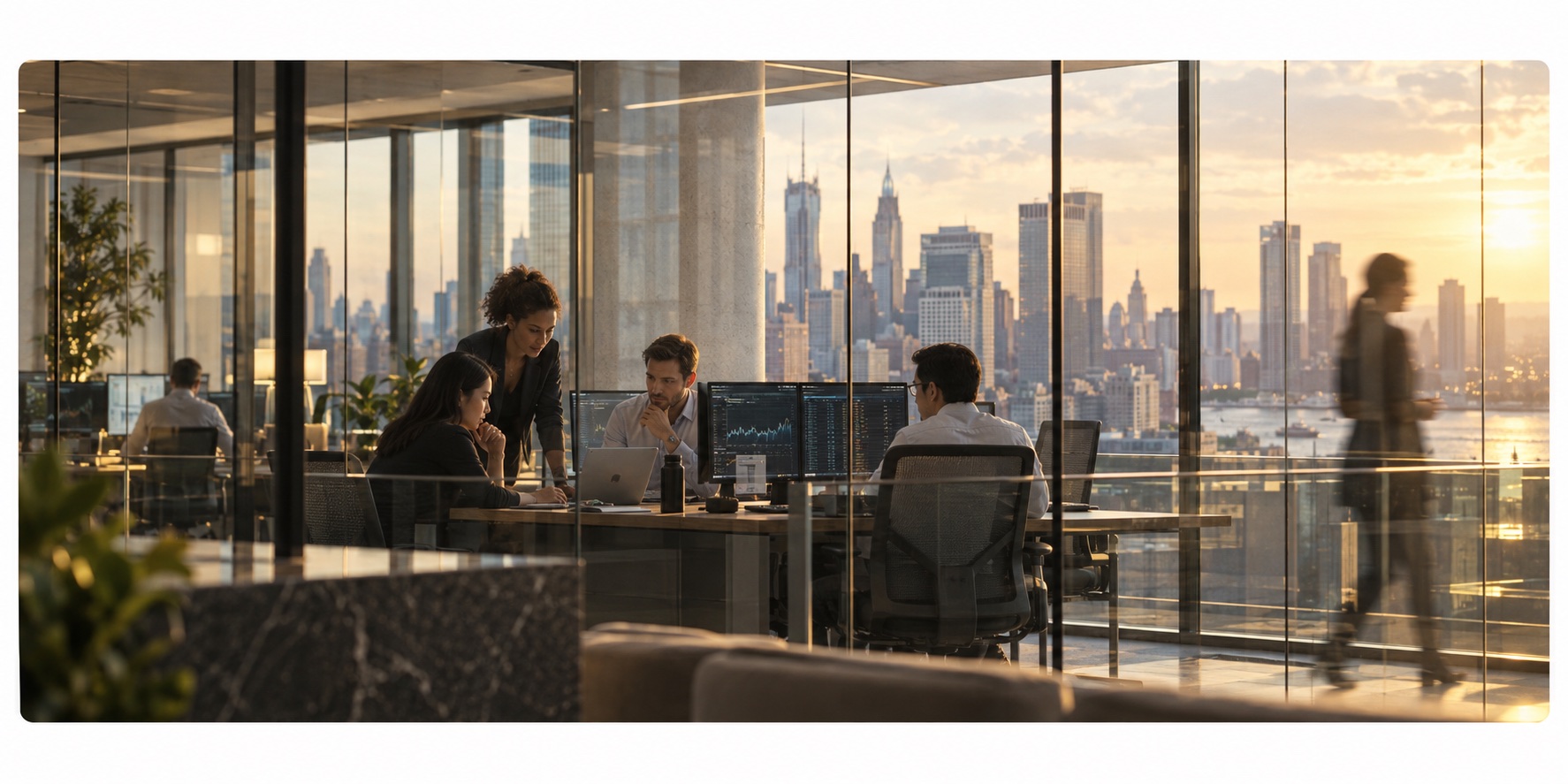 Financial operations team working together in a glass-walled office at sunset.