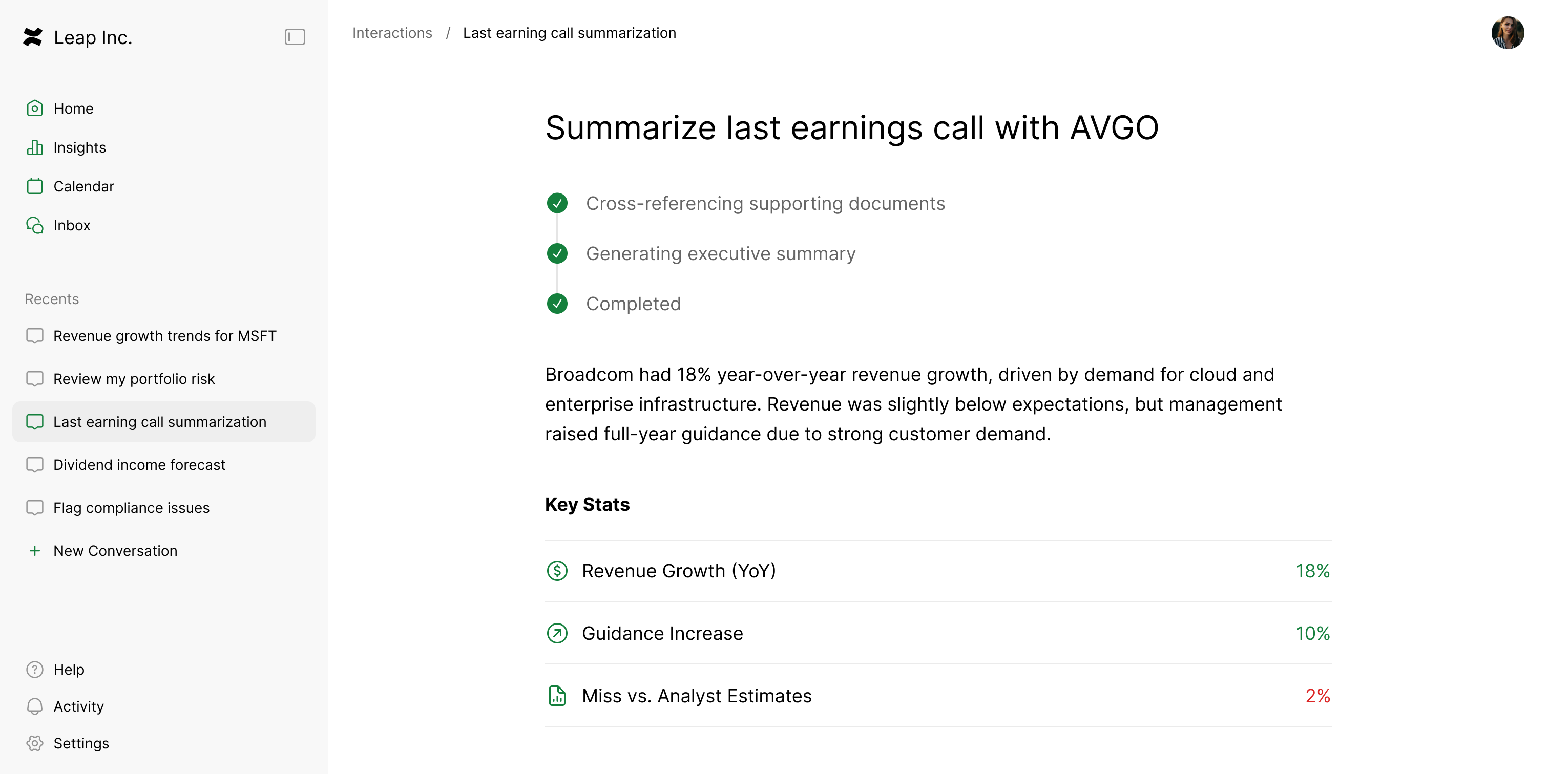 Leap Inc. financial workspace summarizing an earnings call