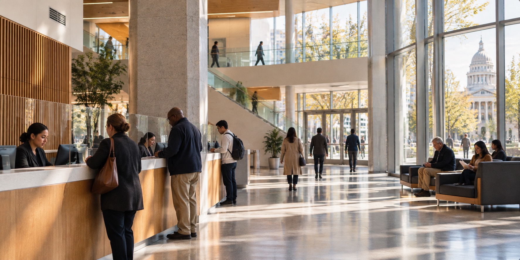 People moving through a bright contemporary civic services building.