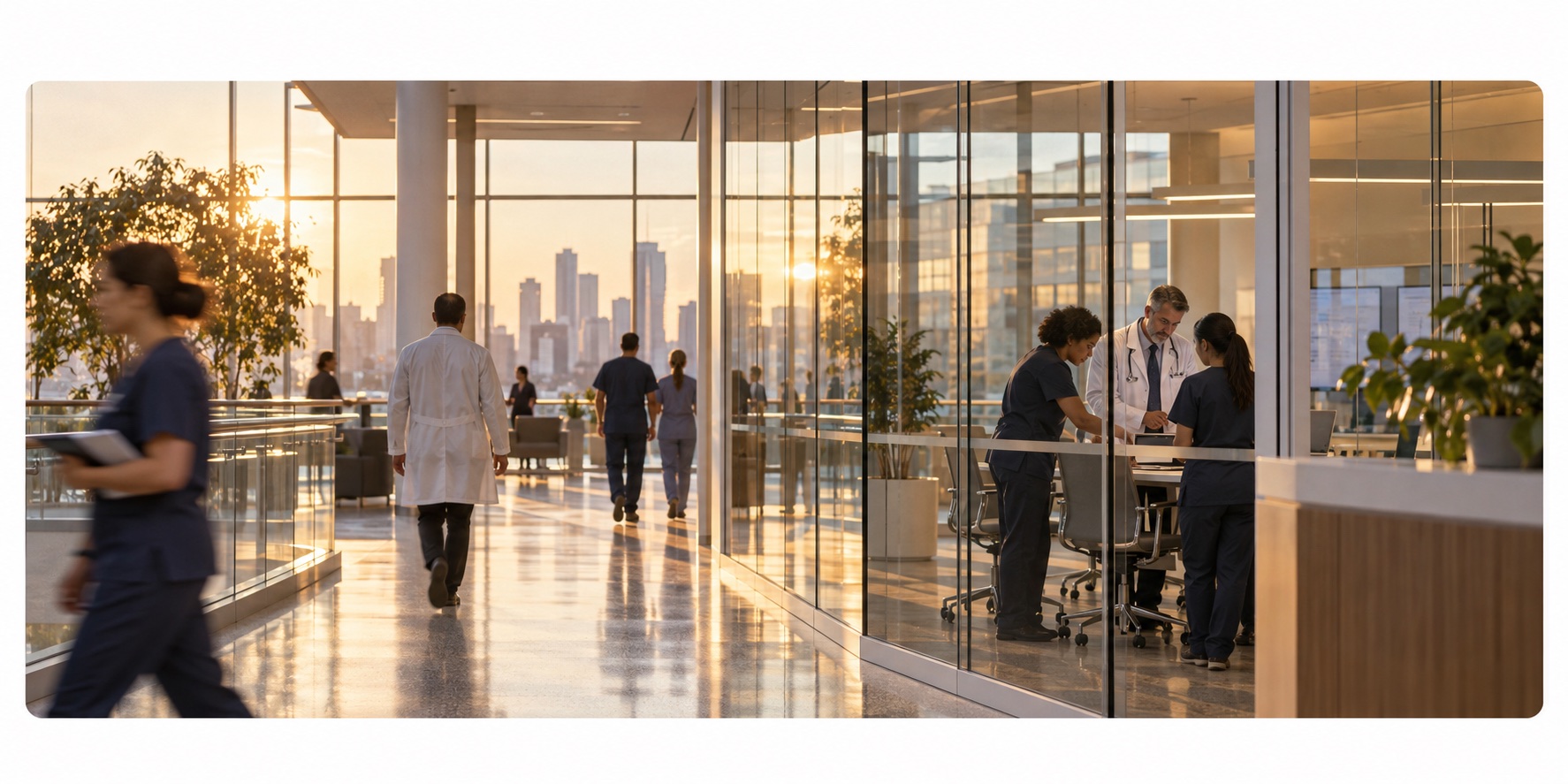Healthcare staff coordinating work in a modern hospital concourse at sunset.