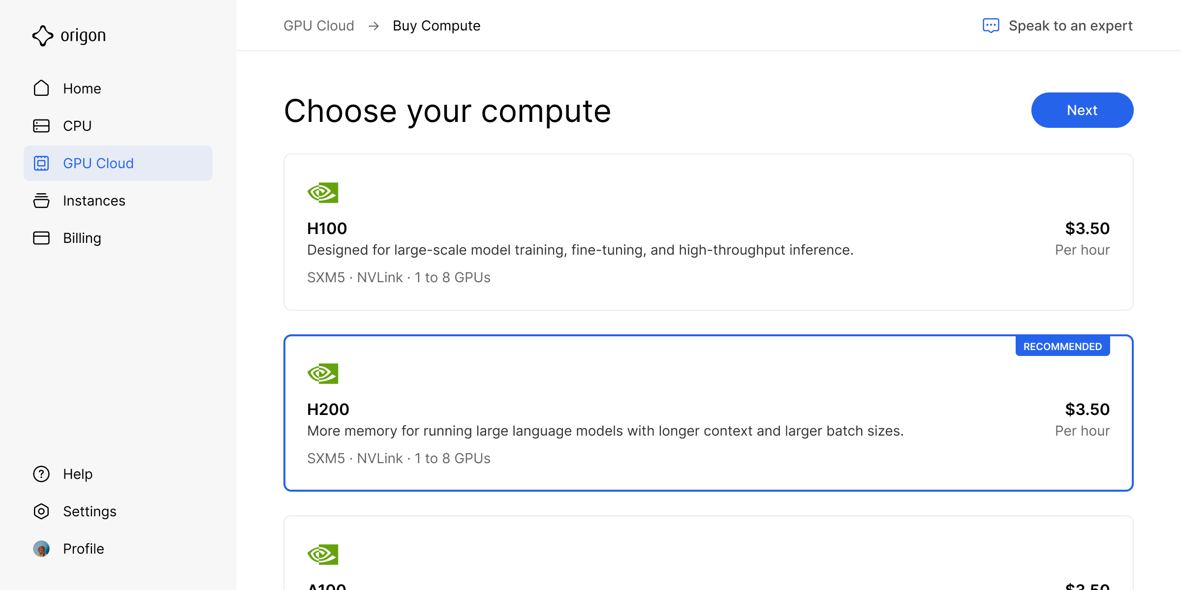 GPU Capacity console: choosing a GPU compute plan, billed hourly