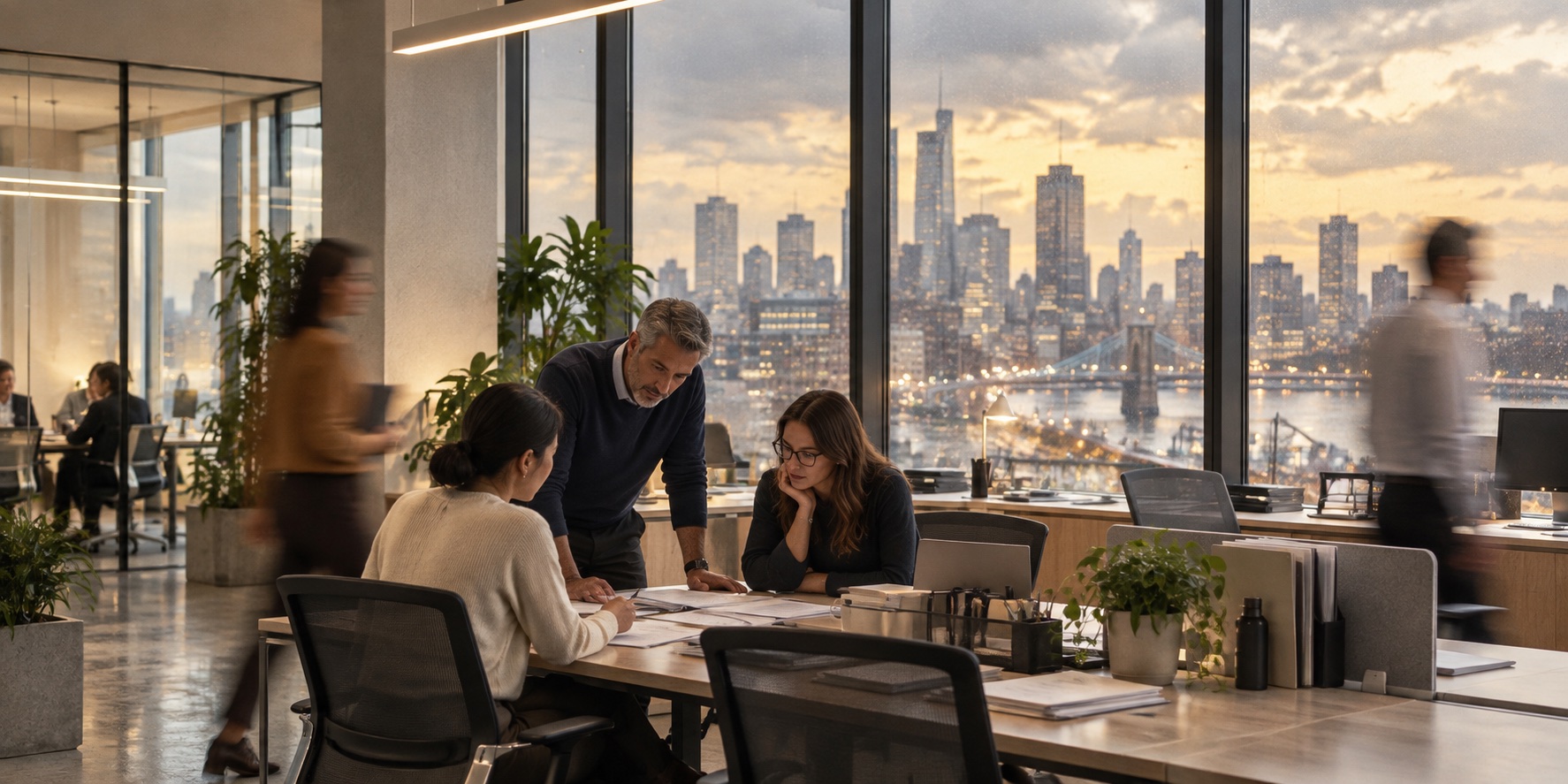 Insurance operations team reviewing work in a contemporary office overlooking the city.