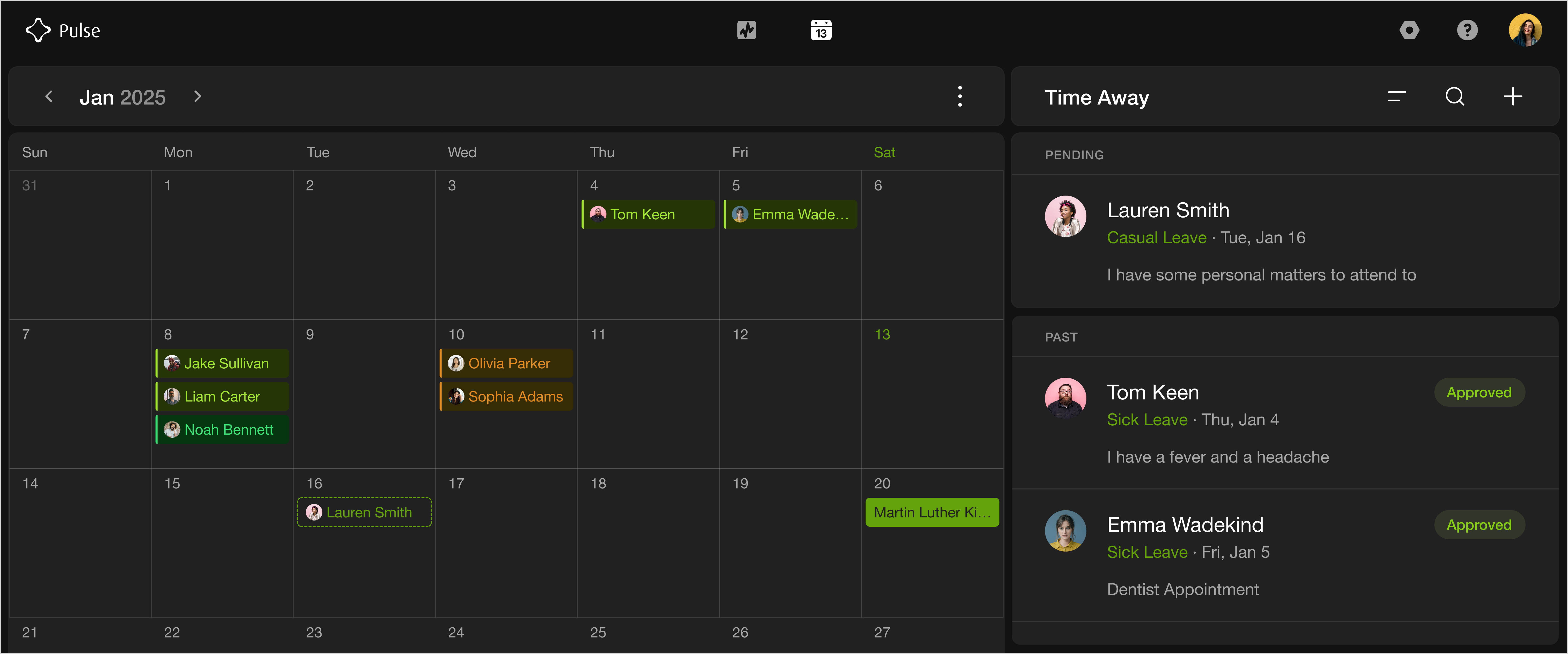 Pulse leave management system interface