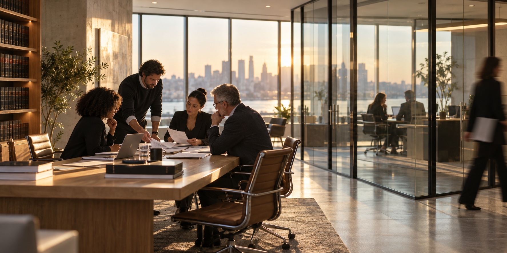 Legal team reviewing documents together in a glass-walled office at sunset.