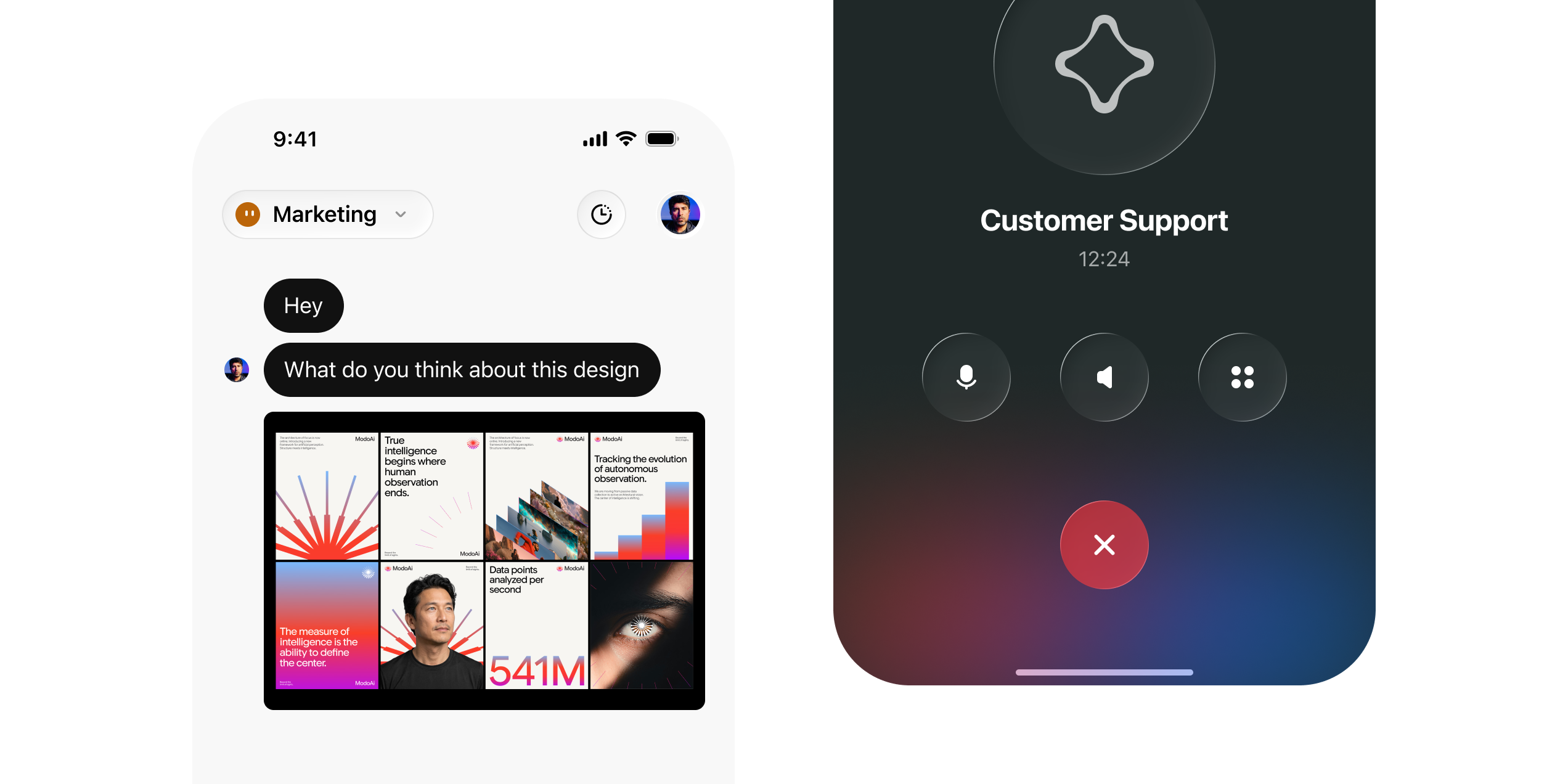 Mobile interfaces showing an in-app conversation and an active customer support call.