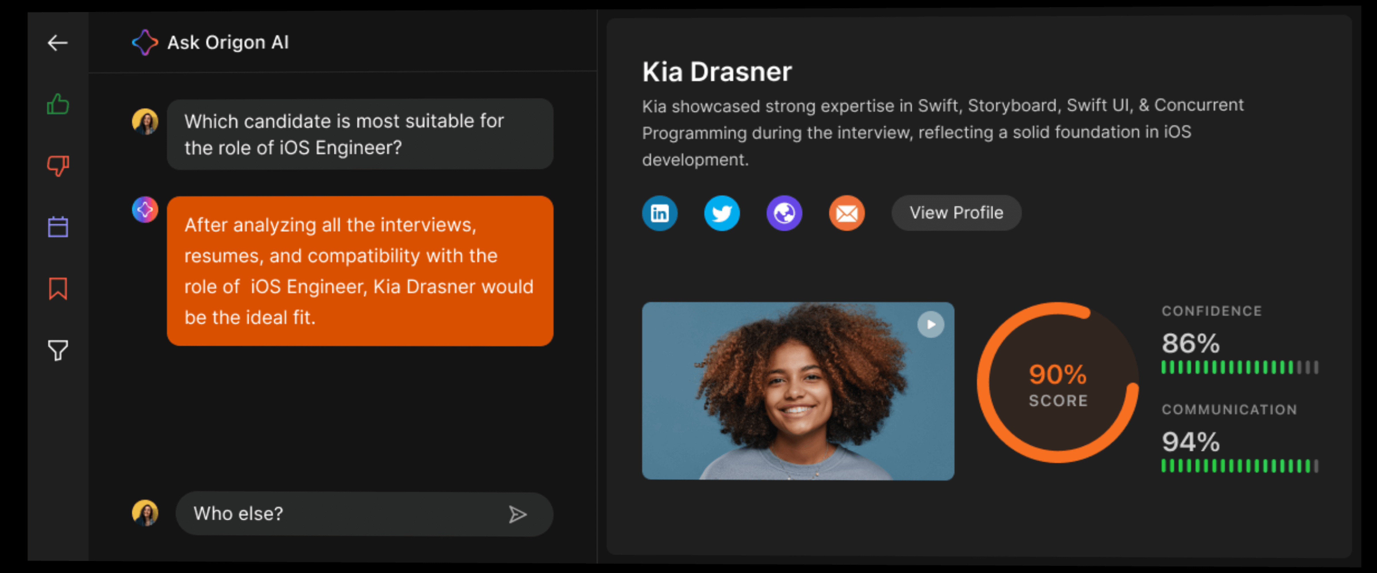 Circle’s interactive AI chat interface recommending Kia Drasner as the top candidate for the iOS Engineer role, with a conversation bubble highlighting her strengths, alongside her profile with a 90% overall score and high confidence and communication ratings.