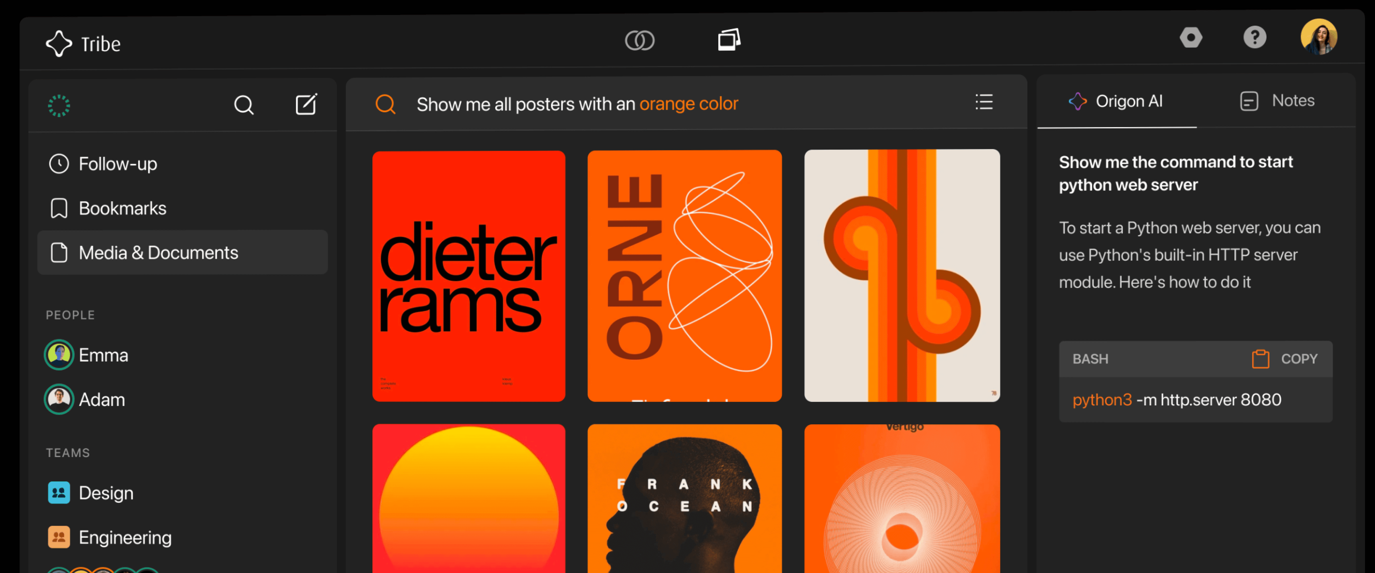 Tribe platform showcasing its intelligent search feature with a query for 'posters with an orange color', displaying results with various orange-themed design posters. The sidebar chat with Origon AI on the right shows it providing a Bash command for initiating a Python web server, highlighting the platform's smart assistance.