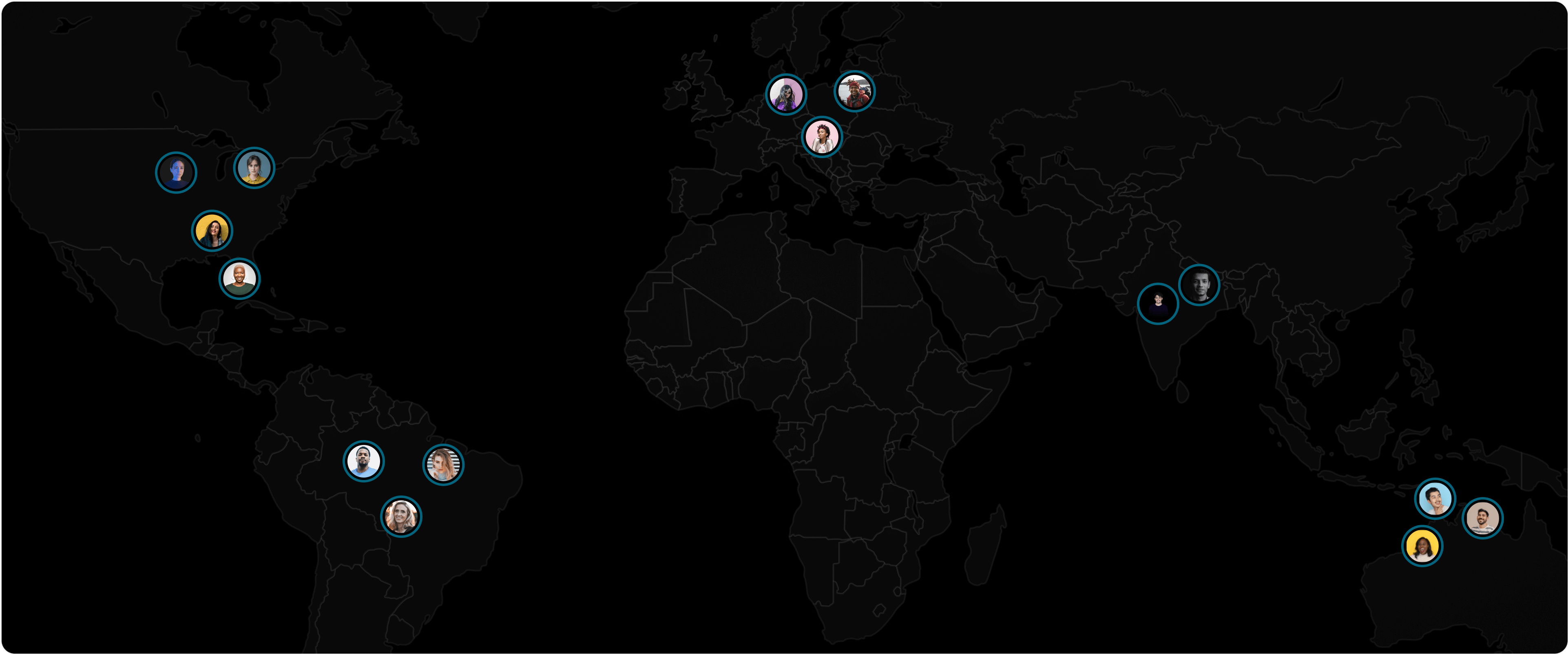 World map highlighting the geographic locations of team members in a global distribution, indicated by profile icons, representing the diverse and international nature of the team.