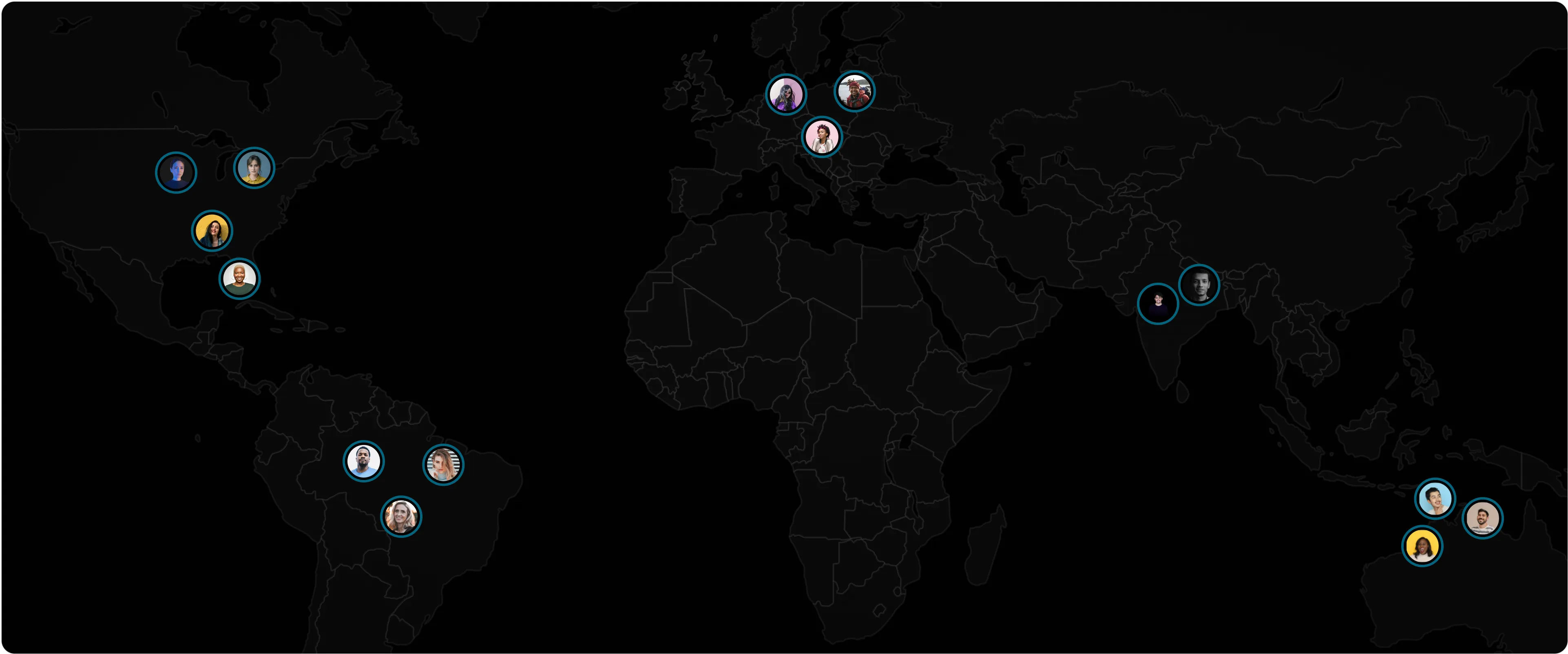 World map highlighting the geographic locations of team members in a global distribution, indicated by profile icons, representing the diverse and international nature of the team.